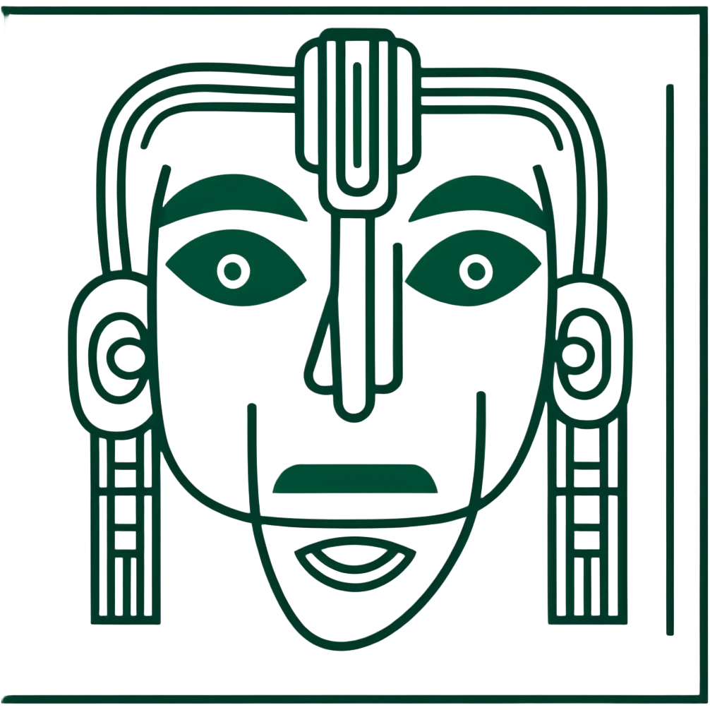 Maya hieroglyphic facial expressions: happy, sad, surprised. Only dark green lines on white background, strict minimalist geometric style emoji