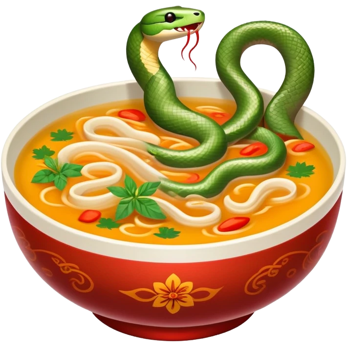 Cantonese snake soup in special double-walled bowl, simplified emoji style with bold outlines and bright colors, cartoon style exotic delicacy with herb decorations emoji