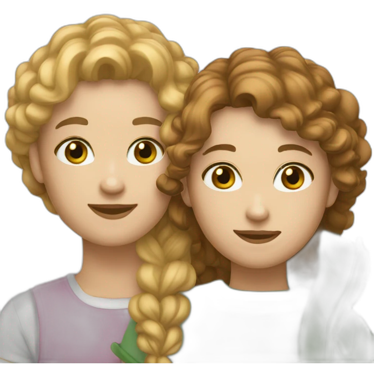 two. Best friends, one with light brown hair, white skin, green eyes and another with white skin, brown hair, brown eyes. emoji
