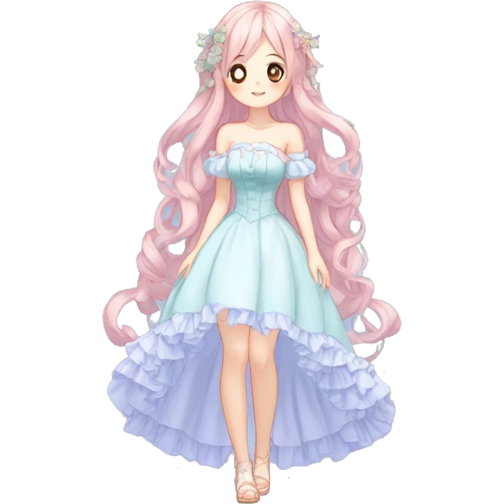gorgeous pretty attractive anime lady beautiful hair with gorgeous dress fairycore cottagecore pastelcore detailed high quality trending VOGUE aesthetic full body emoji