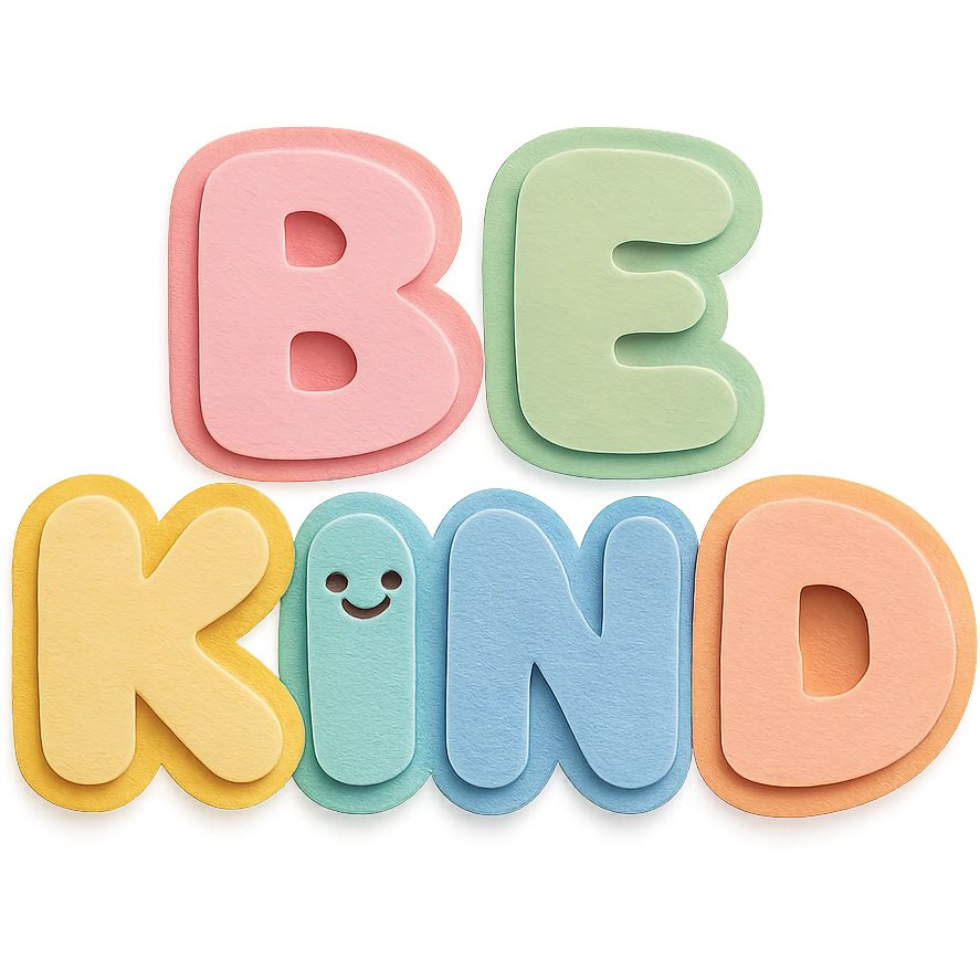 Soft pastel rainbow puffy bubble letters for "Be Kind", kawaii cute style, transparent background, no frame emoji