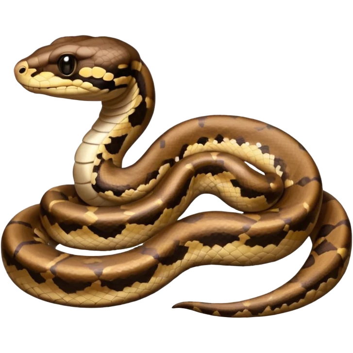A photo-realistic digital illustration of a Ball Python, chest upward, with a short, rounded head, thick body, and a calm, curious expression. It has a warm brown base color with irregular dark blotches shaped like “alien heads,” and matte-textured scales that emphasize its small, stocky form. emoji