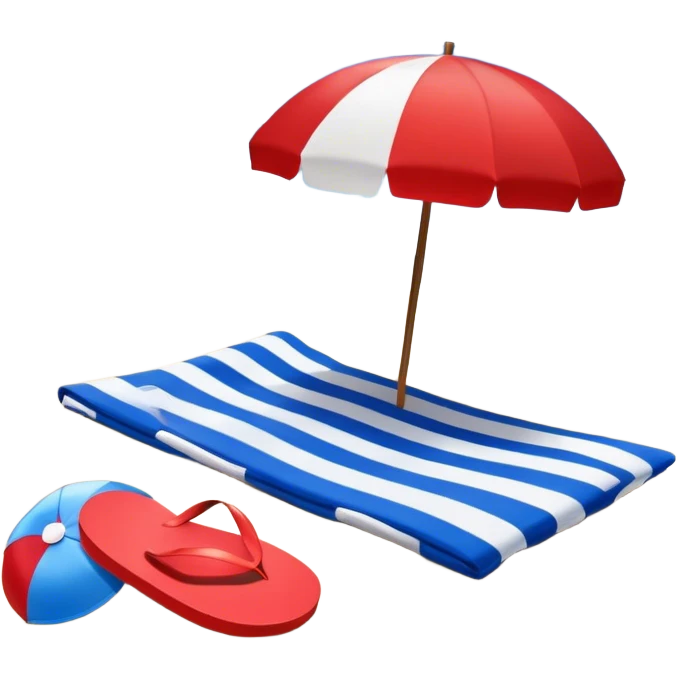 Icon for Beach Tourism: a sandy beach with a beach umbrella, flip-flops, a towel, and a beach ball, with the ocean waves in the background. The icon should capture the relaxation and fun of beach vacations. Transparent background. emoji