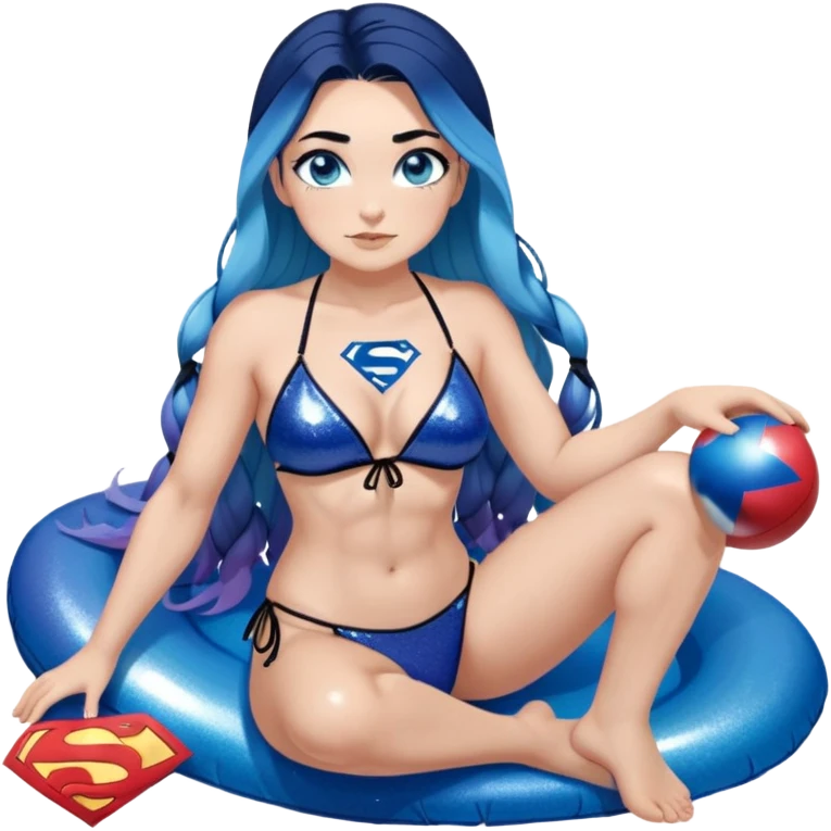 Front view-very very very large chest-shy face-on knees-very long straight flowing dark blue to light blue hair ombre in a braid-blue eyes-black eyeliner-long eyelashes-iridescent sting bikini top with glitter superman logo-playing cornhole emoji