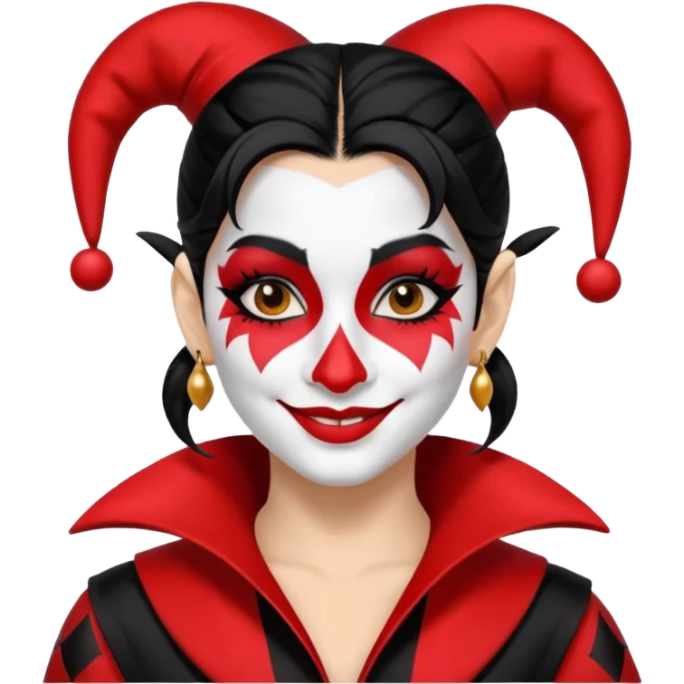Jester woman, black and red suit, black hair, white and black make up emoji
