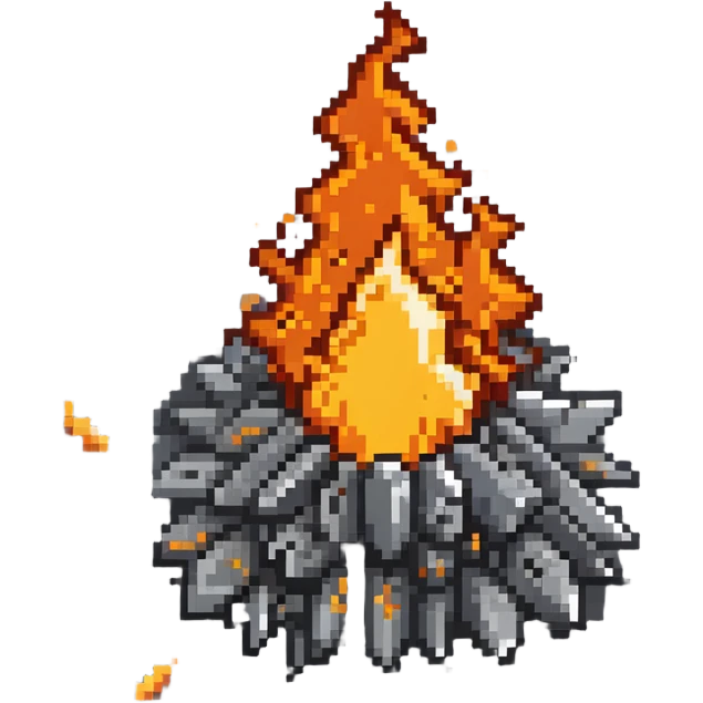 Industrial metal wall explosion tile, slate colored (#334155) metal fragments and debris flying from center, bright orange and yellow flames, metallic sheen on fragments, rivets visible on some pieces, pixel art style emoji