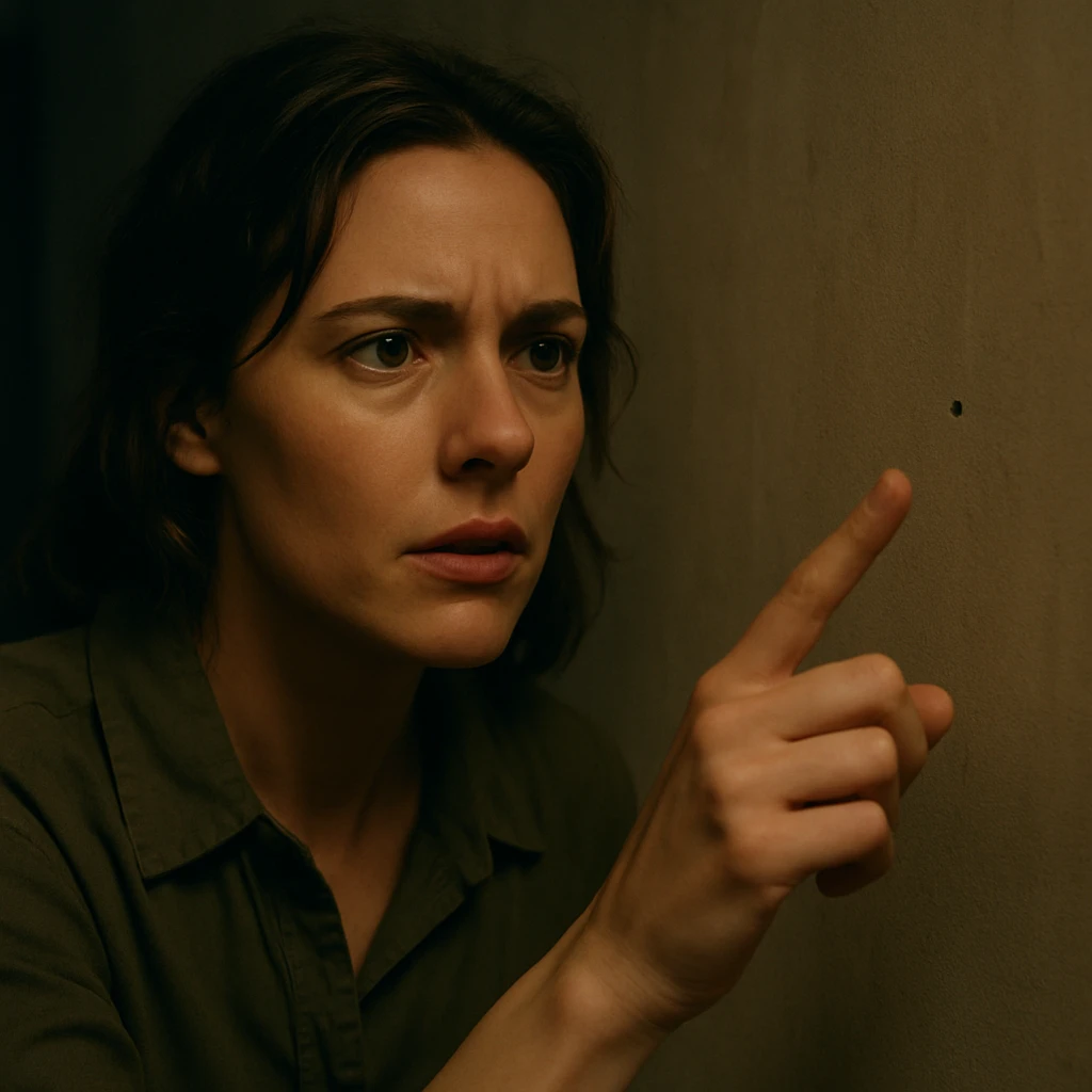 Cinematic still of a Woman looking for a dot emoji