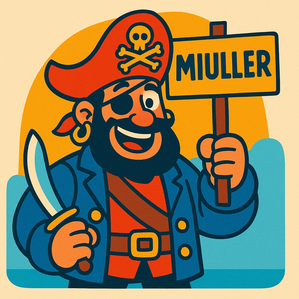 an expressive and friendly pirate holding a sign that says MIULLER, colorful illustration style, simple background emoji