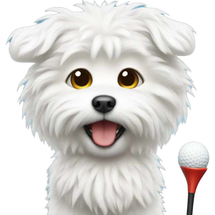 Small white fluffy dog playing golf emoji