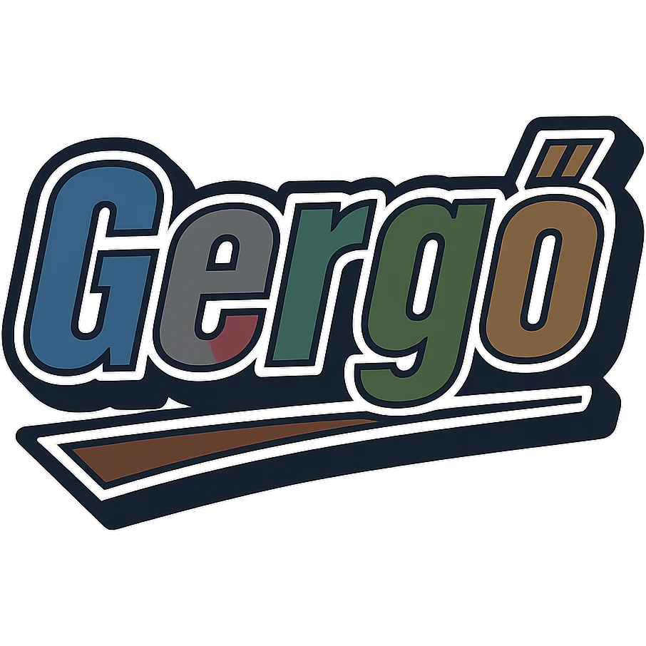 Text image of the name 'Gergő' in a masculine, modern font with gradient colors (blue, gray, burgundy, green, brown), precise Hungarian characters, dark contour, extra thick, prominent white letter border, dynamic slanted underline, 1000x1000 px, PNG, transparent background. emoji