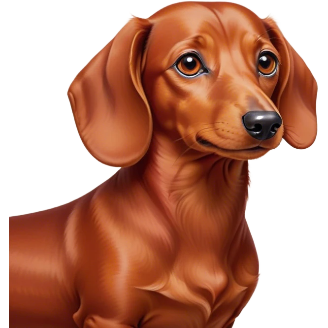 Cinematic Noble Red Dachshund Portrait Emoji, Poised and regal, with a long, low-slung build and a smooth, well-groomed red coat, deep-set soulful brown eyes, Simplified yet sharp and sophisticated features, highly detailed, glowing with a soft, dignified glow, high shine, intelligent and determined, stylized with an air of charm, focused and attentive, soft glowing outline, capturing the essence of a watchful and confident companion, so majestic it feels as though it could slide out of the screen with effortless authority! emoji