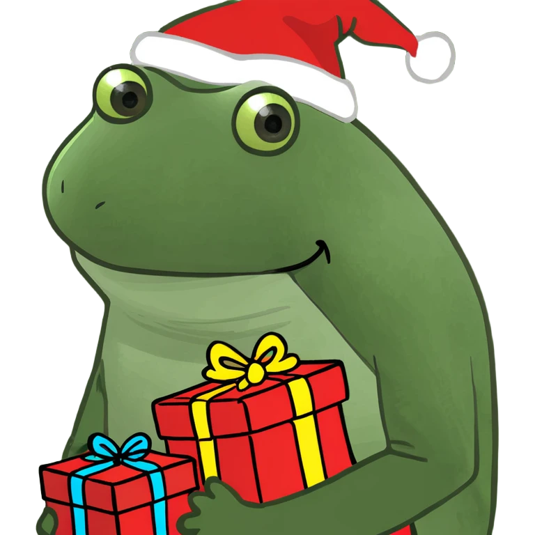 Frog wearing a Christmasjumper with presents emoji