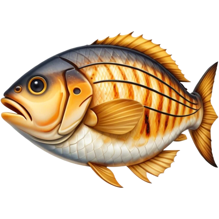 Cinematic Realistic Gradele (Grilled Fish) Dish Emoji, depicted as perfectly grilled fish with a smoky, charred finish rendered with lifelike detail and appetizing, natural lighting. emoji