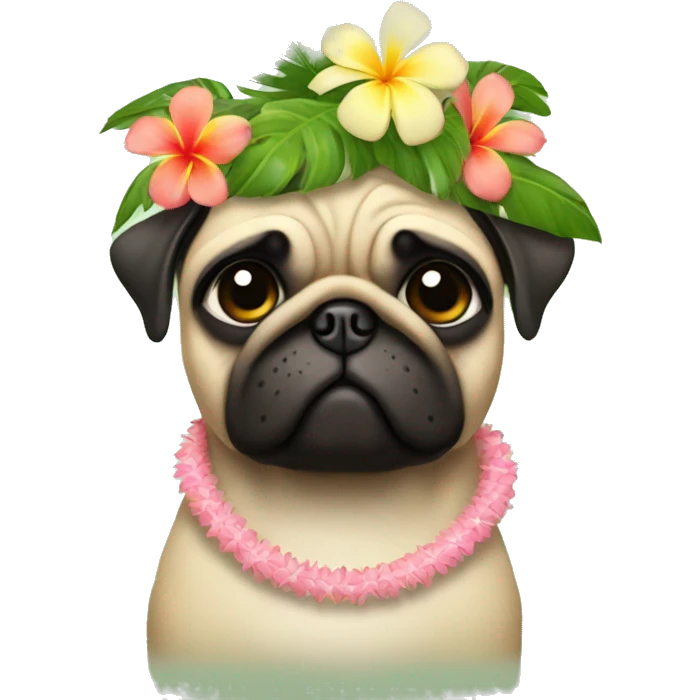 pug in a hula skirt with a coconut bra and a lei and a flower crown emoji