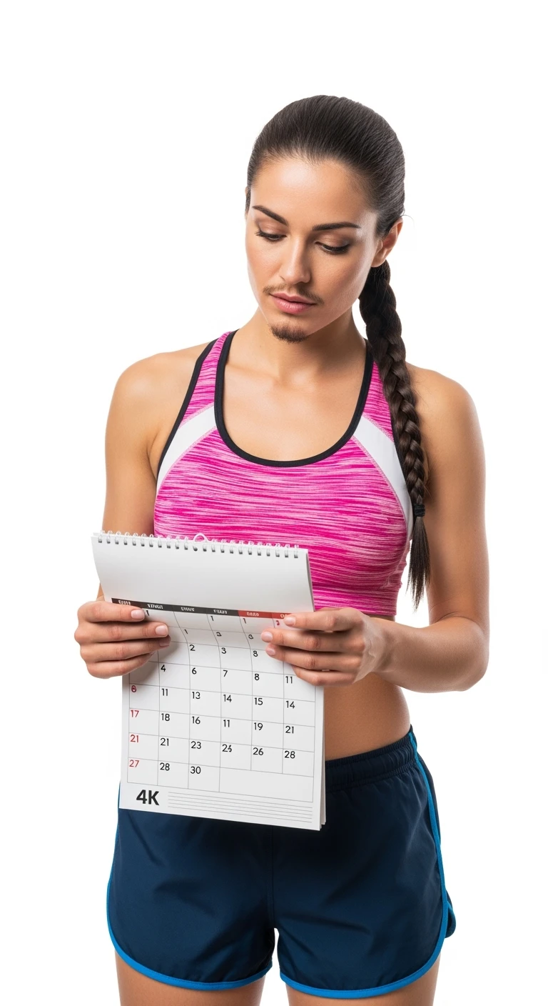 DONNA FITNESS ITALIANA INDECISA CON UN CALENDARIO IN MANO, REALISTICA 4K, ISOLATA SU SFONDO BIANCO emoji