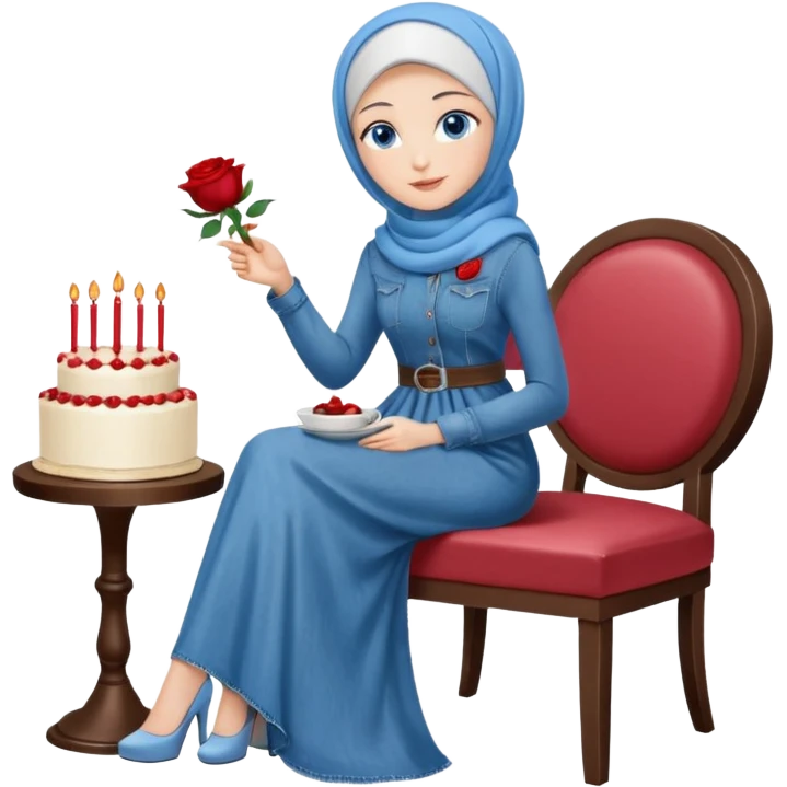 Turkish beautiful finish Konya girl blue eyes with denim hijab long tail dress and sits on the modernized white coffee house on a white chair and holds rose cake with her hand  emoji
