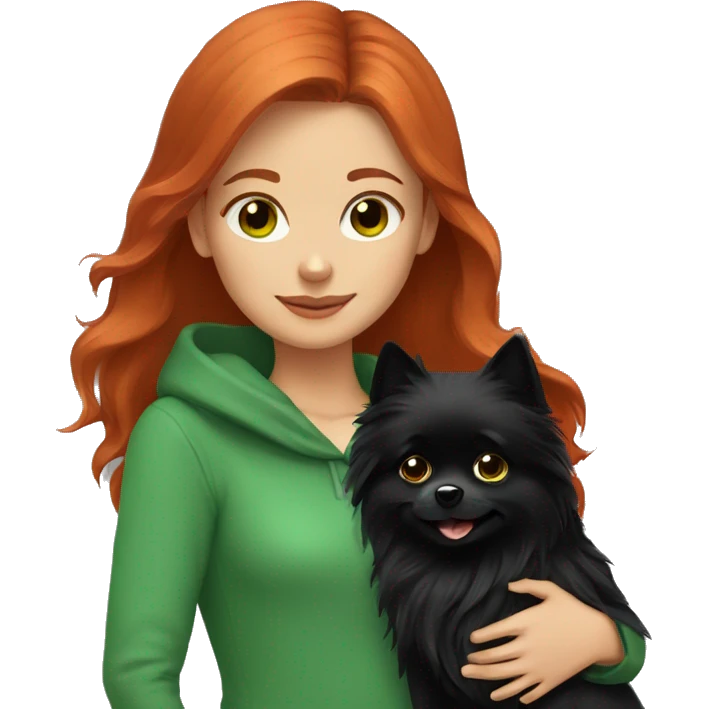 Red-haired-girl-with-green-eyes -hugs-her-black-pomeranian-dog emoji