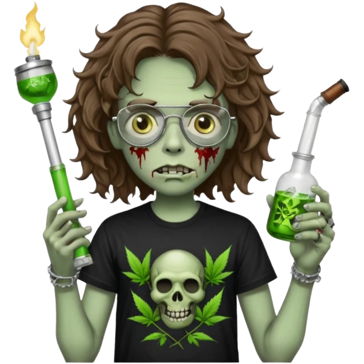 brown wavy haired zombie getting stoned with weed t shirt and bong on his hand and wearing black chrome hearts bifocals emoji