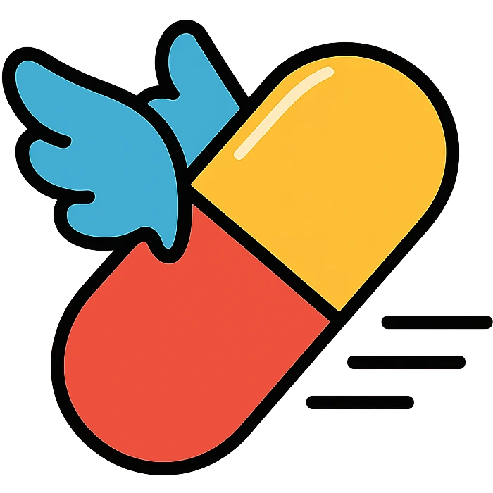 Medicine pill or capsule with small wings attached flying through the air emoji