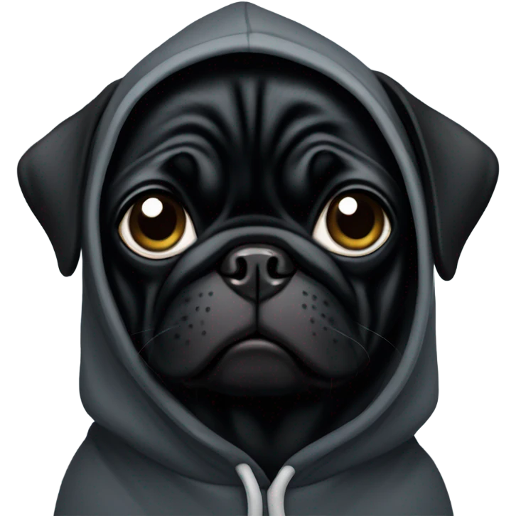 Black pug wearing a black hoodie emoji