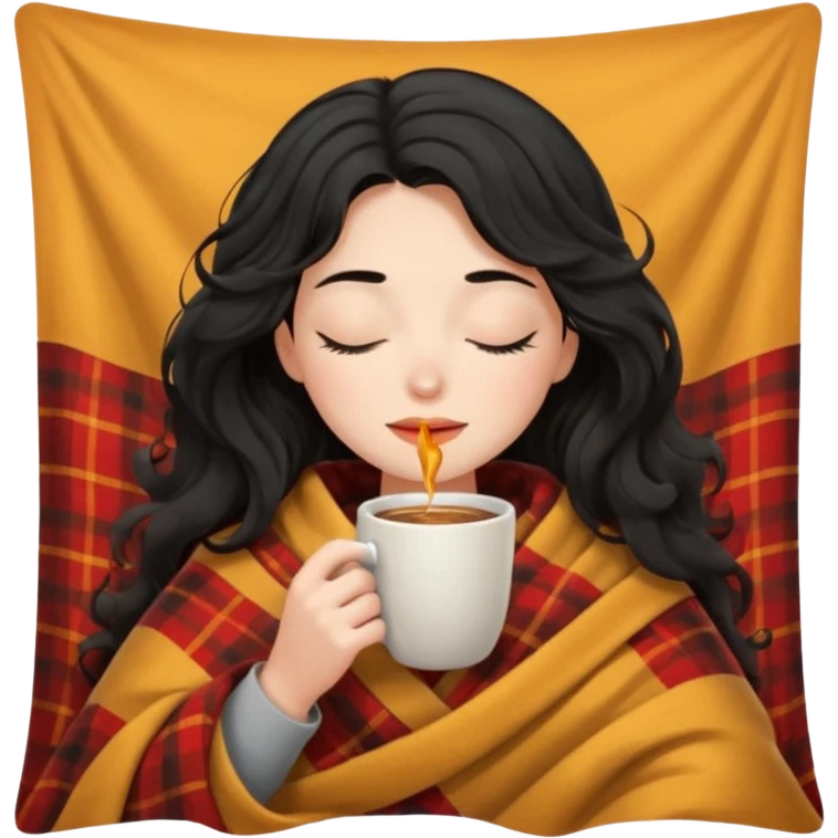 girl black hair wavy inside a blanket sipping coffee eyes closed emoji