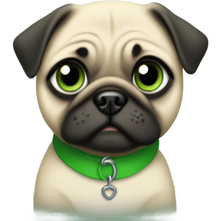 Baby pug with big green eyes and green collar  emoji