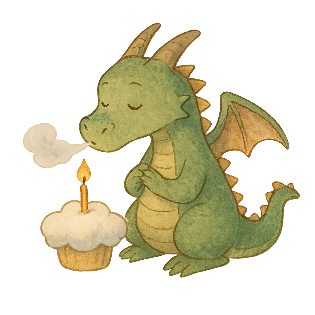 dragon with 1 line smiley eyes, blowing out candles on a cloud cupcake, in a soft Ghibli style, in a 'making a wish' pose emoji