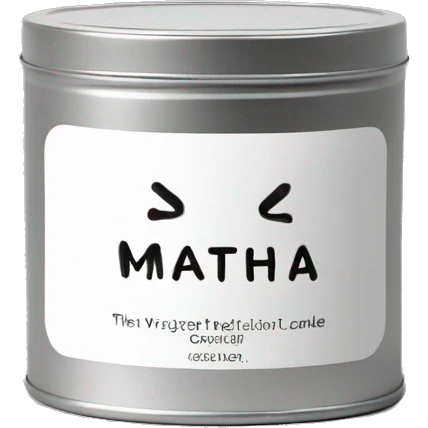 realistic short lit matcha candle, silver tin, small plain white label with black text emoji