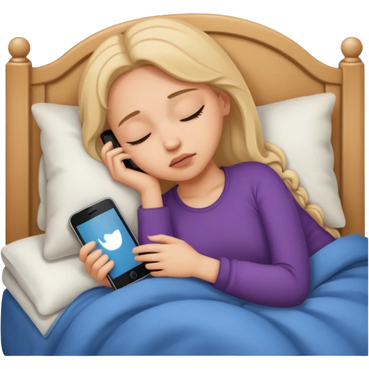 durmiendo niña en cama triste con celular  emoji