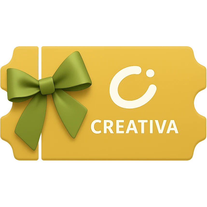 Create an emoji icon in the style of a golden ticket with a green ribbon and the white CREATIVA logo, closely resembling the original image. The emoji should have no background and maintain the look of a golden ticket with a green ribbon and white logo. emoji