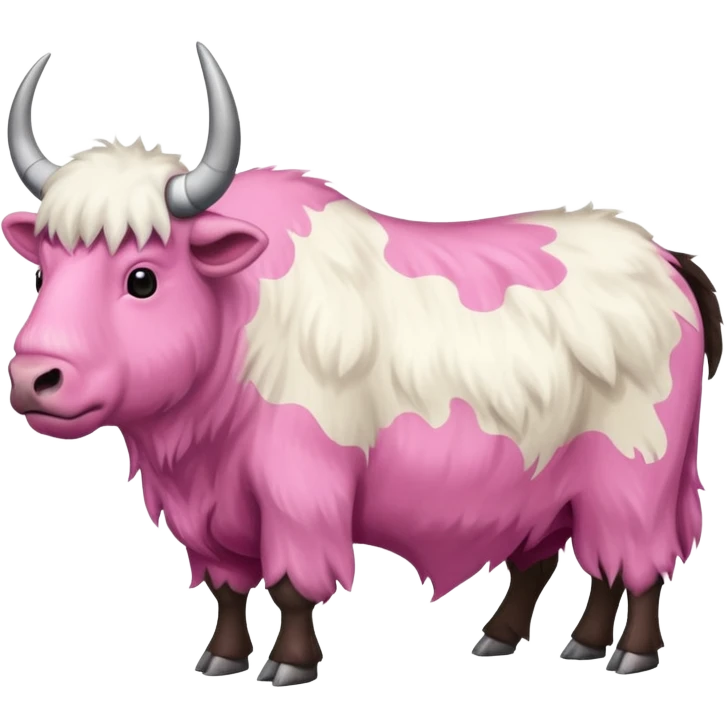 A shaven yak. Viewed from the side, it should have large pink patches where its fur has been completely shaven. emoji