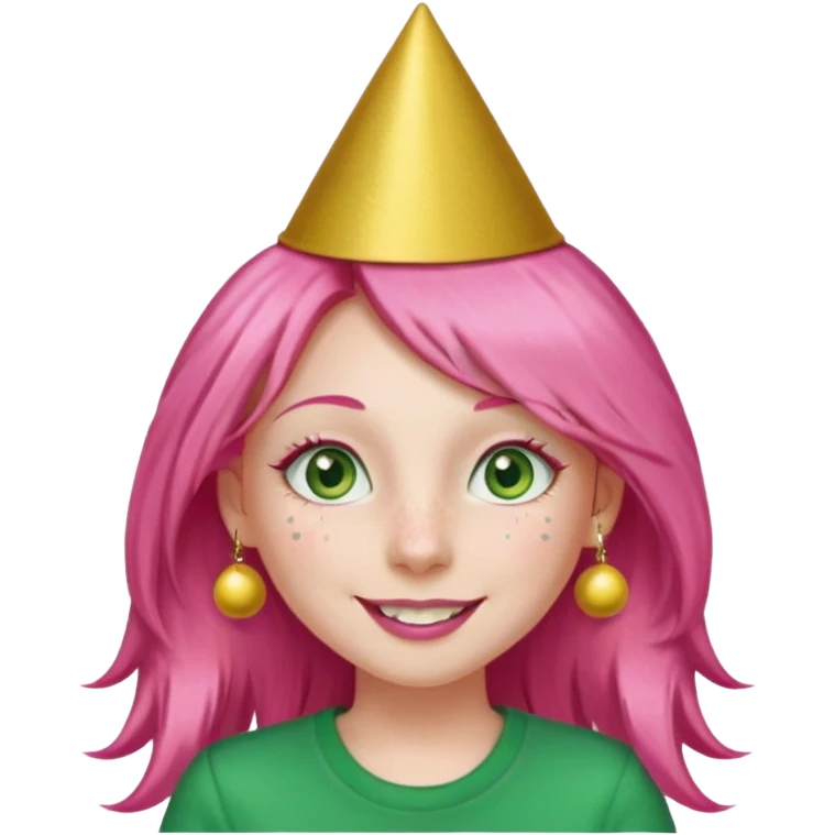Create a girl with long pink hair and green eyes with long eyelashes and a smiley face. She has freckles in her face and a lit of bit of pink lipstick on her mouth, she’s also got gold birthday party hat on her head with gold pom poms on top of it, and her T-shirt is all red emoji