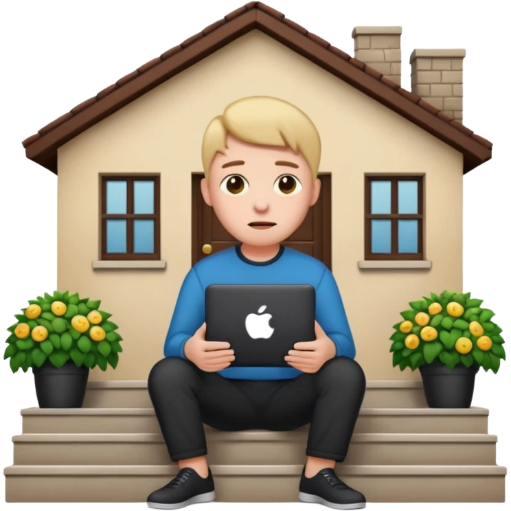 a home which has garden like and the home has slack emoji, where on the house steps, a blob holding black mac should sit and should look like wiork emoji