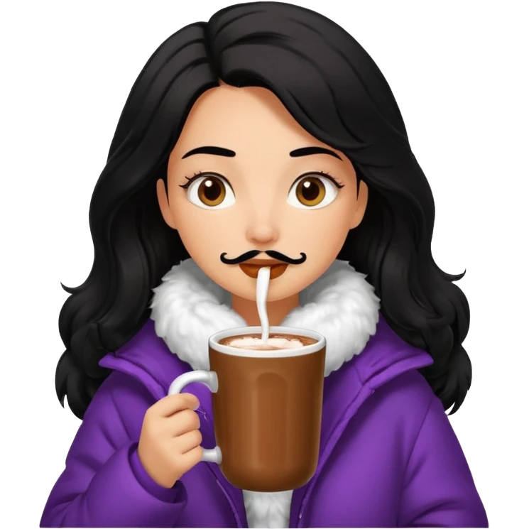 Tanned Girl with lashes , black hair, in an extremely big fluffy oversized jacket, and drinking hot chocolate drink emoji