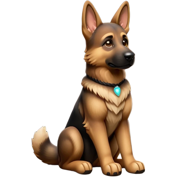 cinematic-[german shepherd]-realistic-full-body-sitting-emoji,-tail-resting-loosely-beside-its-paws,-head-tilted-dramatically,-sleek-[brown and black]-fur,-simplified-yet-realistic-focused-features,-highly-detailed,-glowing-with-an-almost-sarcastic-glow emoji