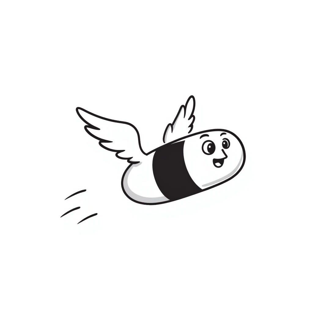 Medicine pill or capsule with small wings attached, flying through the air emoji