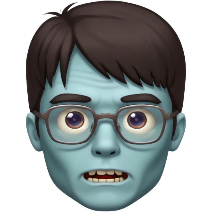 an emoji of a male zombie with dark brown hair and bangs that cover your entire forehead and extend to your eyebrows, wearing square, bluish glasses. emoji