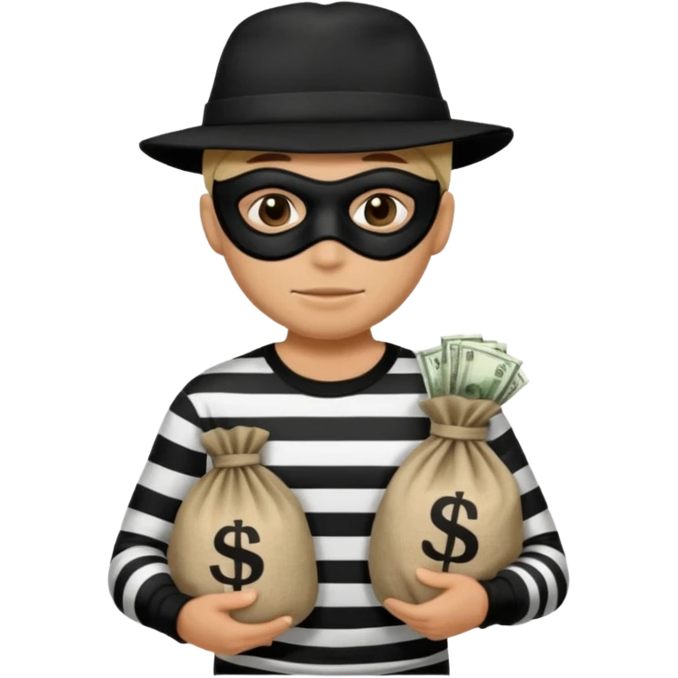 Crea un ladrón con un sombrero de delincuente y un saco de dinero, el ladrón tiene una camisa de rayas negras y blancas y el rostro un antifaz color negro. emoji