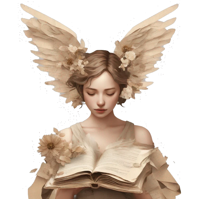 Library book bookworm academia aesthetic beige angel with broken wing damaged wing torn wing, made of newspaper cuttings and dried flowers brown flowers emoji