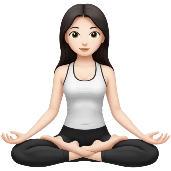 Девушка белокожая, с длинными темными волосами, в одежде для йоги - черные лосины, белый топ, сидит в позе лотоса, правильные пропорции тела, только человек emoji