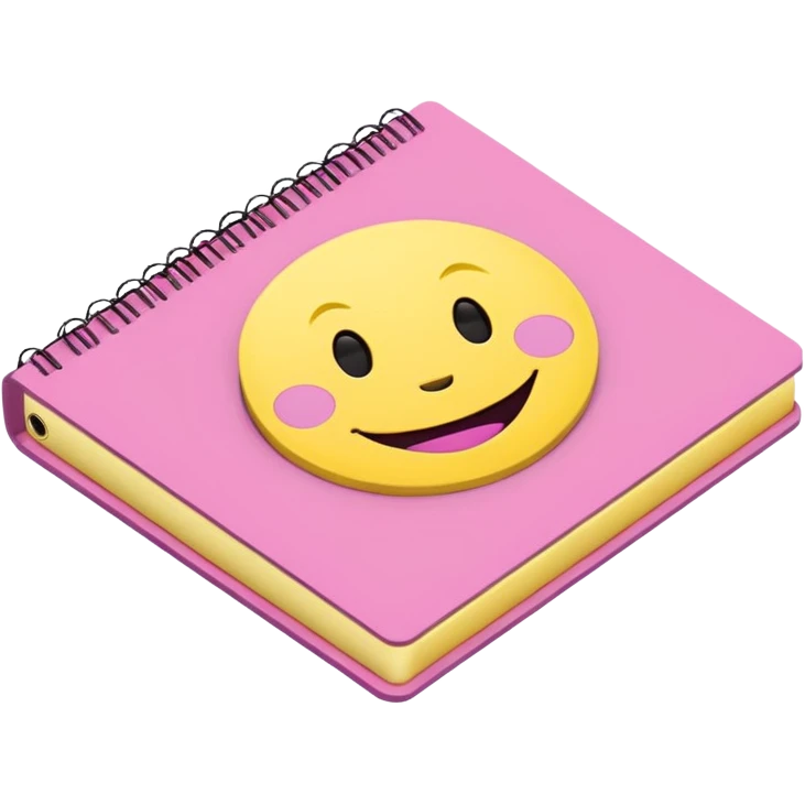 libreta de anillos rosada en perspectiva isometrica con sticker de carita feliz amarilla emoji