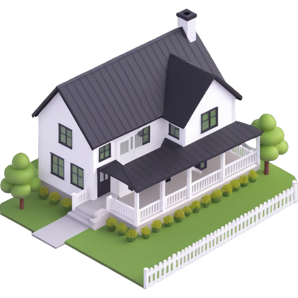 modern farmhouse with white siding, black roof and black trim, isometric emoji