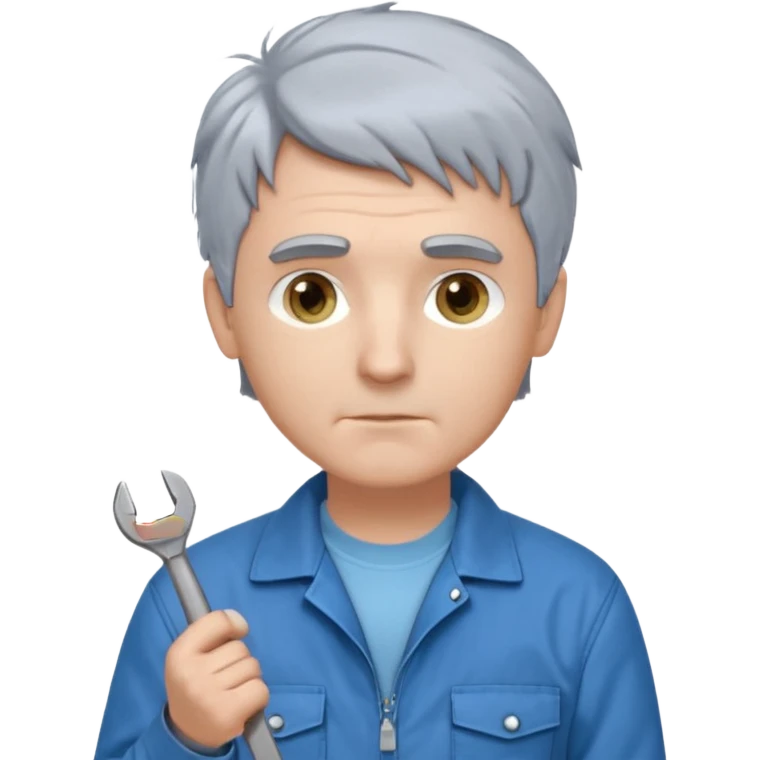 Calm and independent male technician, fair skin, short tousled grey hair, cool light-blue eyes, serious but composed expression, wearing a blue work jacket over a grey t-shirt, holding a wrench in one hand and a mechanical gear in the other, waist-up, front-facing emoji