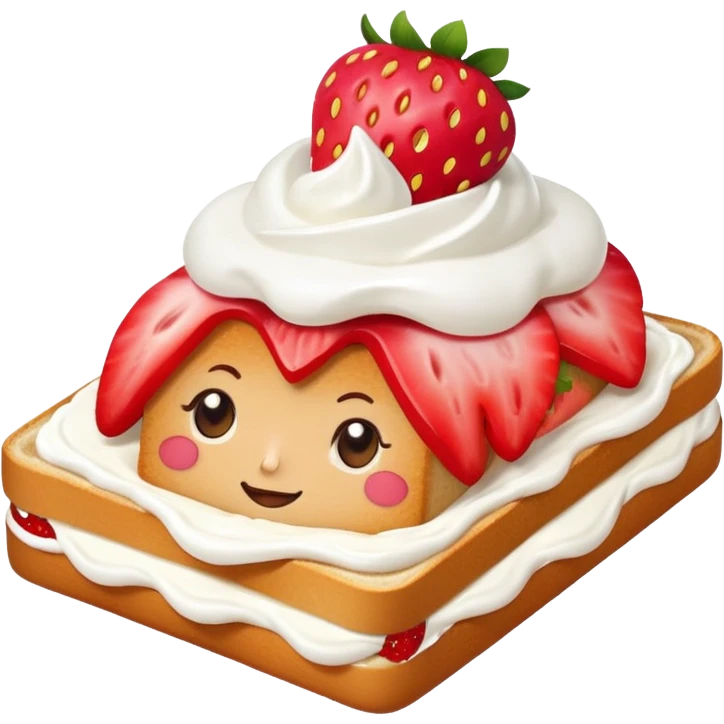 square toast topped with fluffy white cream, decorated with a strawberry bow made from two strawberry center, bright red and glossy emoji