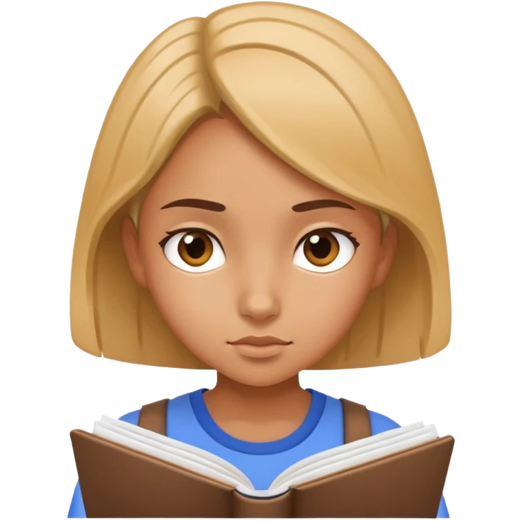 Young girl reading a notebook, focused expression, studying emoji