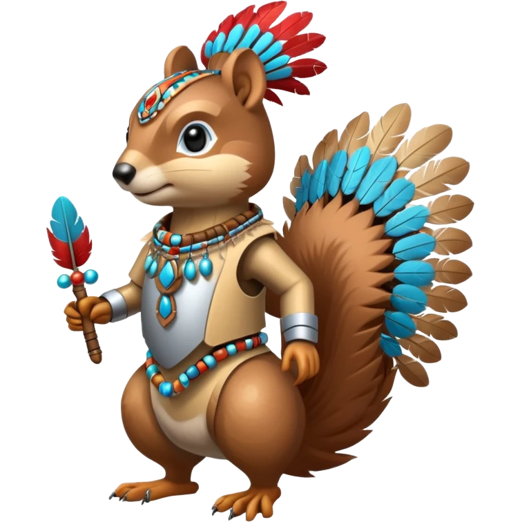 Full Robotic squirrel wearing native American regalia with feathers and beads emoji
