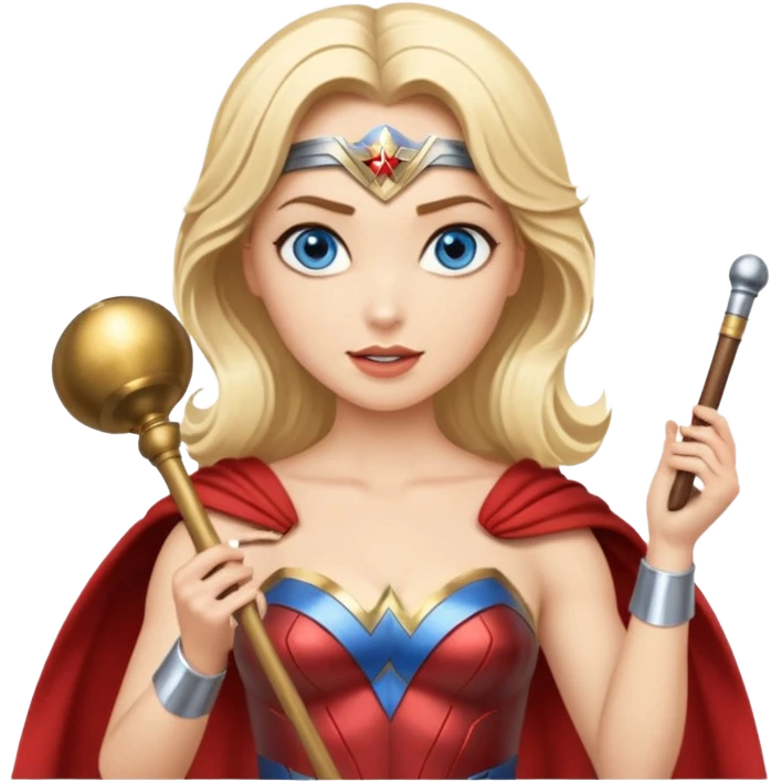Blonde blue eyes Wonder Woman holding bell and short white orchestra conductor’s baton  emoji