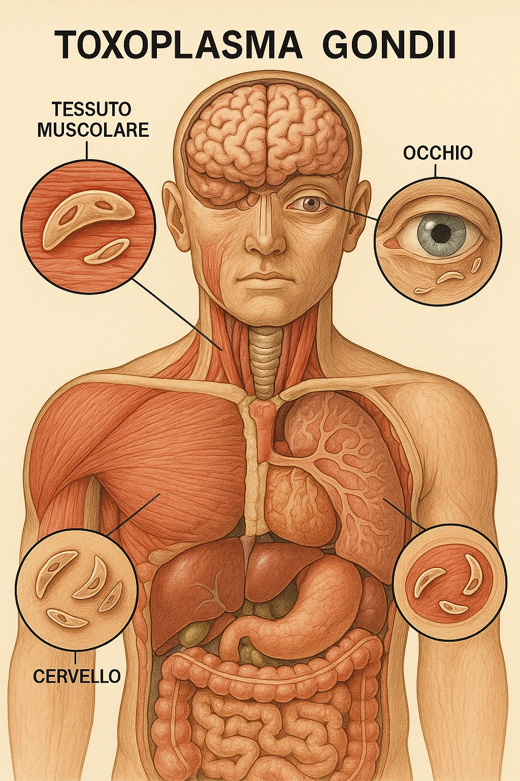 Toxoplasma gondii, visto all'interno di un corpo anatomico in italiano emoji