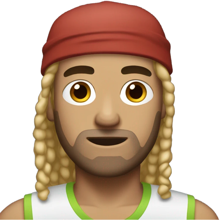 Man with brown and blonde dreadlocks, with a cap and a sweat band emoji