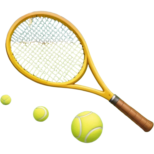 A tennis racket and ball positioned on a grass court, with the net and lines clearly visible in the background. The scene emphasizes the classic elements of the sport, capturing the energy and precision of a tennis match. emoji